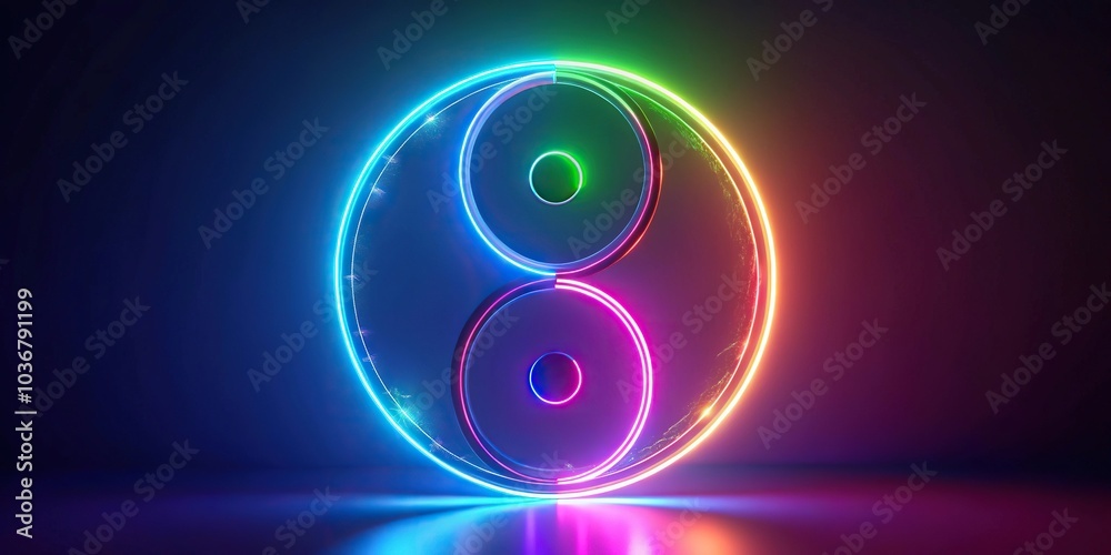 Low angle fusion of yin yang and geometric artistry in futuristic neon bliss Low angle fusion of yin yang and geometric artistry in futuristic neon bliss