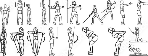 Vector Line Art Illustrations of Resistance Band Exercises for Fitness Training – Workout Guide Featuring Men and Women in Various Strength Training Poses