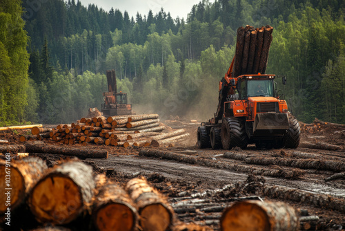 Two pieces of logging machinery are actively harvesting timber in a dense forest, surrounded by stacks of cut logs and lush green trees in the background.