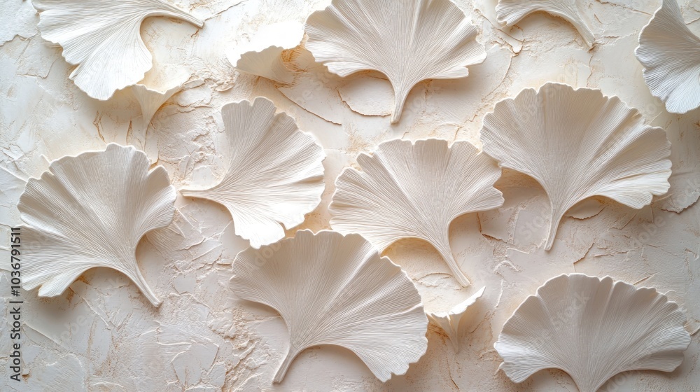 White ginkgo leaves arranged on a light textured background, creating a minimalist and elegant pattern. White ginkgo leaves arranged on a light textured background, creating a minimalist and elegant pattern.