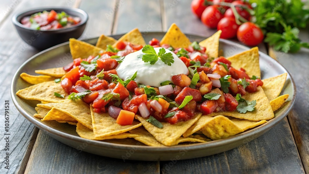 Healthy bean nachos with tomato salsa and coconut yoghurt on a plate Healthy bean nachos with tomato salsa and coconut yoghurt on a plate