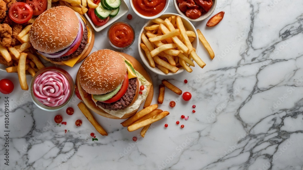 Delicious and Tempting Fast Food Feast with Burgers, Fries, and Toppings on Marble Surface