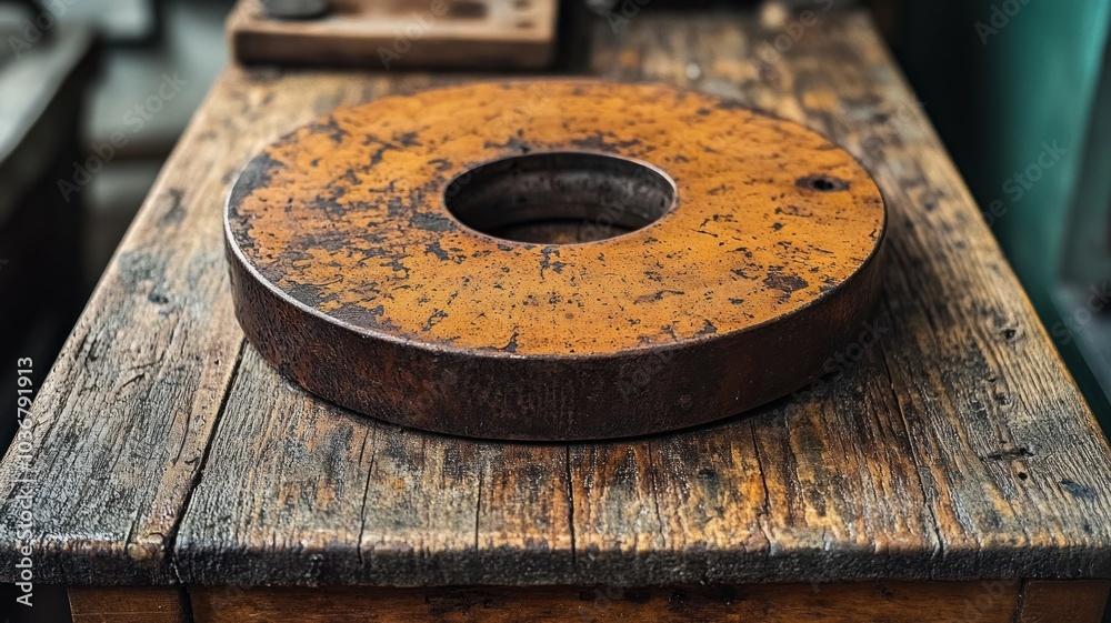 A circular wooden tool on a rustic workbench. A circular wooden tool on a rustic workbench.