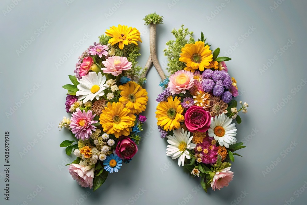 High Angle lung filled with flower symbolizing healthy breathing and nature High Angle lung filled with flower symbolizing healthy breathing and nature