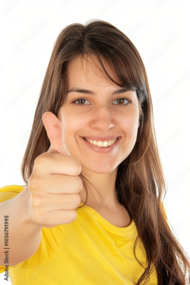 Excited woman giving a thumbs up, expressing achievement against a white studio backdrop. Her facial expression and hand gesture signify agreement and positive feedback Excited woman giving a thumbs up, expressing achievement against a white studio backdrop. Her facial expression and hand gesture signify agreement and positive feedback