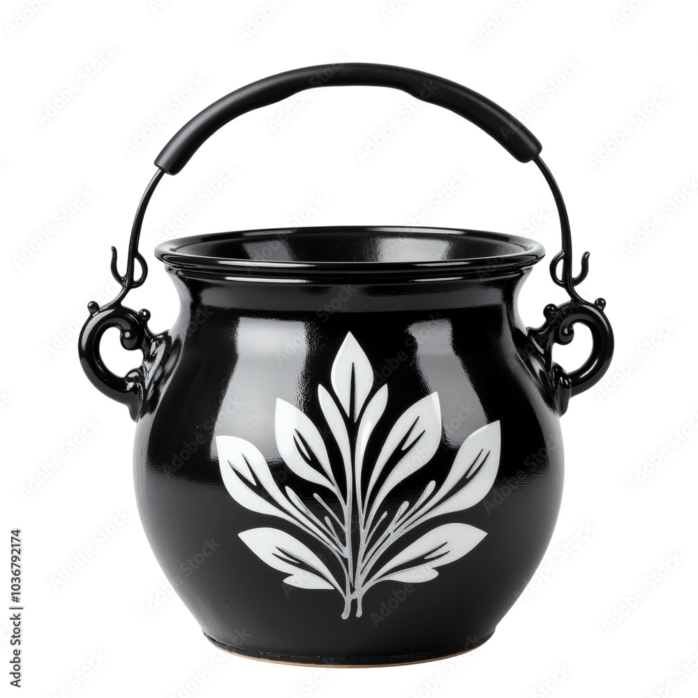 Elegant Black Pot with Decorative Leaf Design and Handle. Elegant Black Pot with Decorative Leaf Design and Handle.