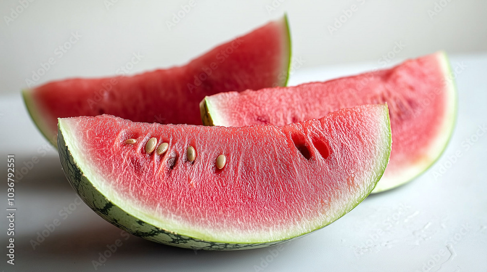 Juicy watermelon slices with seeds on a light background Juicy watermelon slices with seeds on a light background