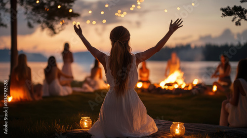 Swedish midsummer night with bonfires and dancing by the lake photo