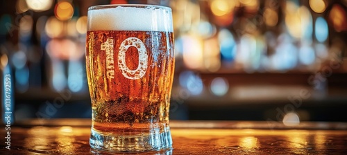 Close-up, Freshly Poured Glass of Beer, Ten Years Anniversary Celebration, Blurred Bar Background photo