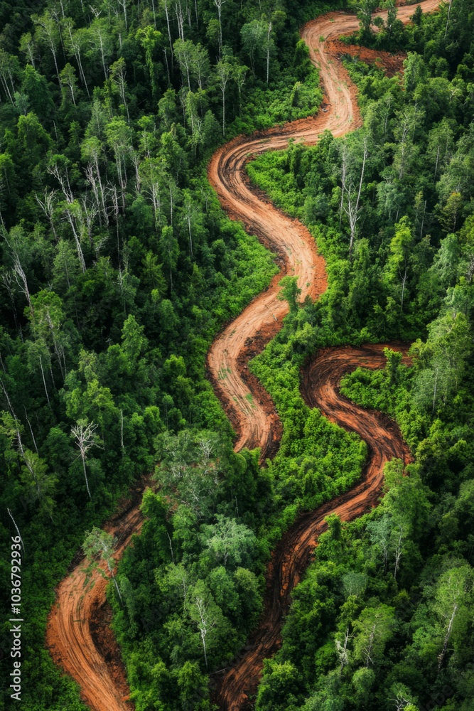 This aerial perspective showcases a logging operation showing winding paths through a lush, dense forest. Stacked logs indicate recent logging activity in the area. This aerial perspective showcases a logging operation showing winding paths through a lush, dense forest. Stacked logs indicate recent logging activity in the area.