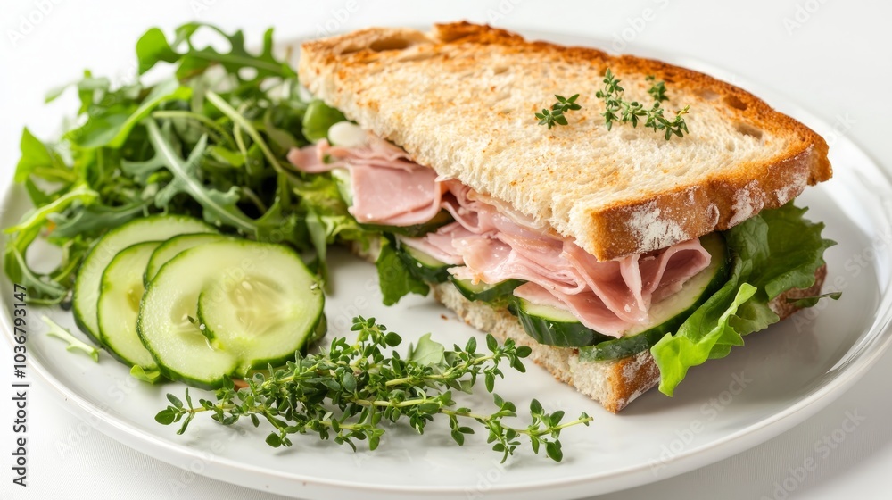 A sandwich with ham, lettuce, and cucumber served with a side of fresh greens. A sandwich with ham, lettuce, and cucumber served with a side of fresh greens.