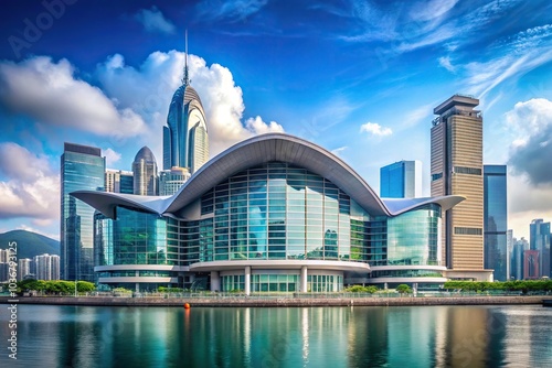 Iconic symmetrical design of Hong Kong Convention and Exhibition Centre photo