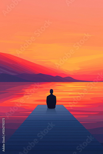 Lonely man sitting on a pier and contemplating a beautiful sunset over the mountains