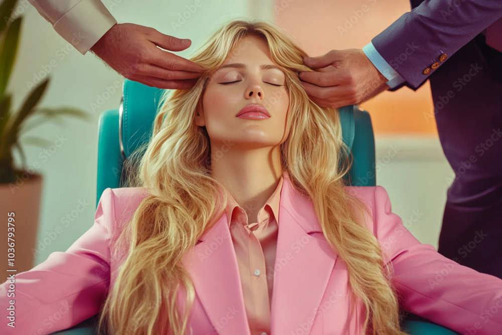 The photo depicts a woman sitting comfortably in an office chair while two men give her a relaxing head massage. The photo depicts a woman sitting comfortably in an office chair while two men give her a relaxing head massage.