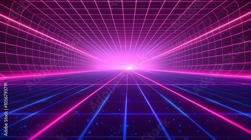 Glowing Neon Grid Background with Converging Perspective Lines and Depth Illusion