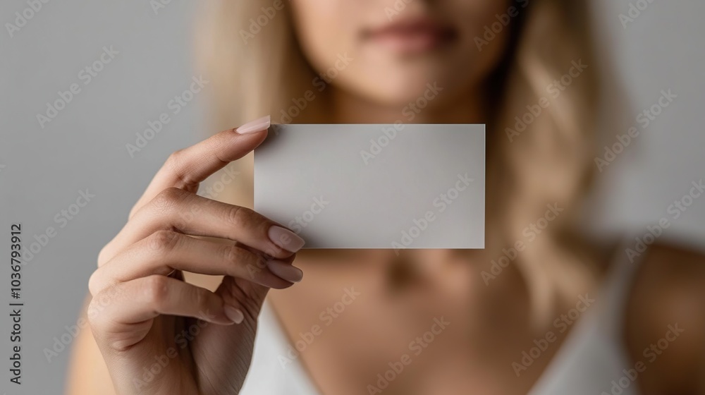 Close-up of a businesswoman holding a blank business card. Close-up of a businesswoman holding a blank business card.