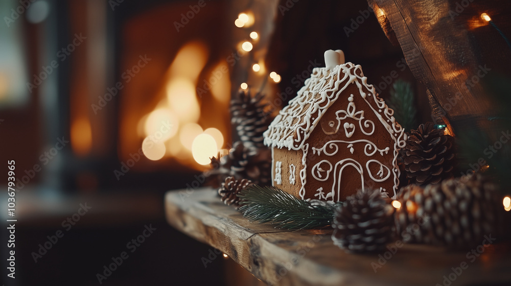 Gingerbread house with Christmas lights and pinecones on mantel Gingerbread house with Christmas lights and pinecones on mantel