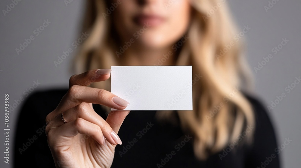 Close-up of a businesswoman holding a blank business card. Close-up of a businesswoman holding a blank business card.