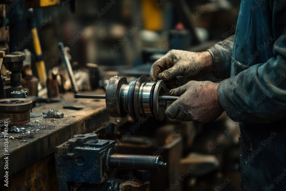 A skilled turner diligently repairs a damaged metal part using precise tools while metal shavings scatter around in a well-lit workshop environment. A skilled turner diligently repairs a damaged metal part using precise tools while metal shavings scatter around in a well-lit workshop environment.