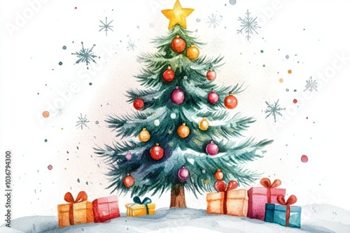 A high-resolution 2D clip art set featuring a Christmas tree adorned with colorful ornaments and gifts beneath it, all on a white background in a watercolor style.