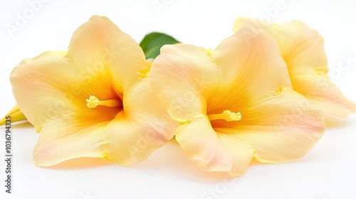 The yellow Alamanda catharica flower, which is usually called the trumpet flower, is a symbol of happiness and pink flowers on a white background photo