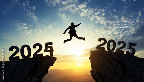 Happy new year 2025,Silhouette BusinessMan jumping from 2024 cliff to 2025 cliff on sky background