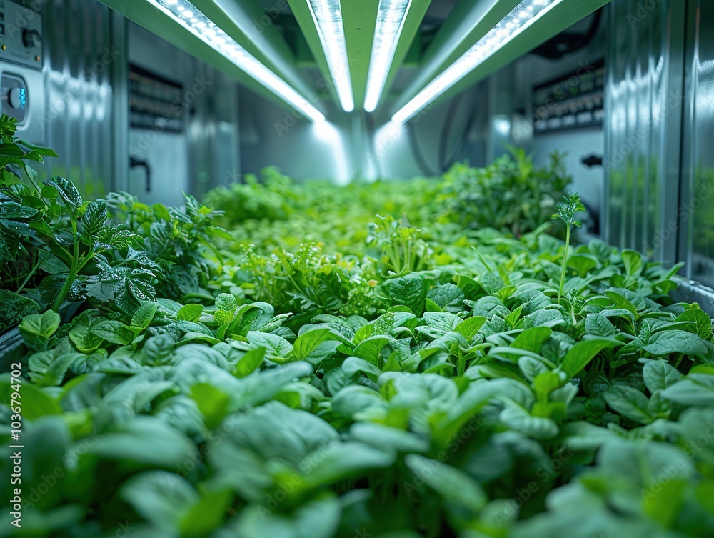 Indoor vertical farm with lush green plants under artificial lighting for sustainable growth. Indoor vertical farm with lush green plants under artificial lighting for sustainable growth.