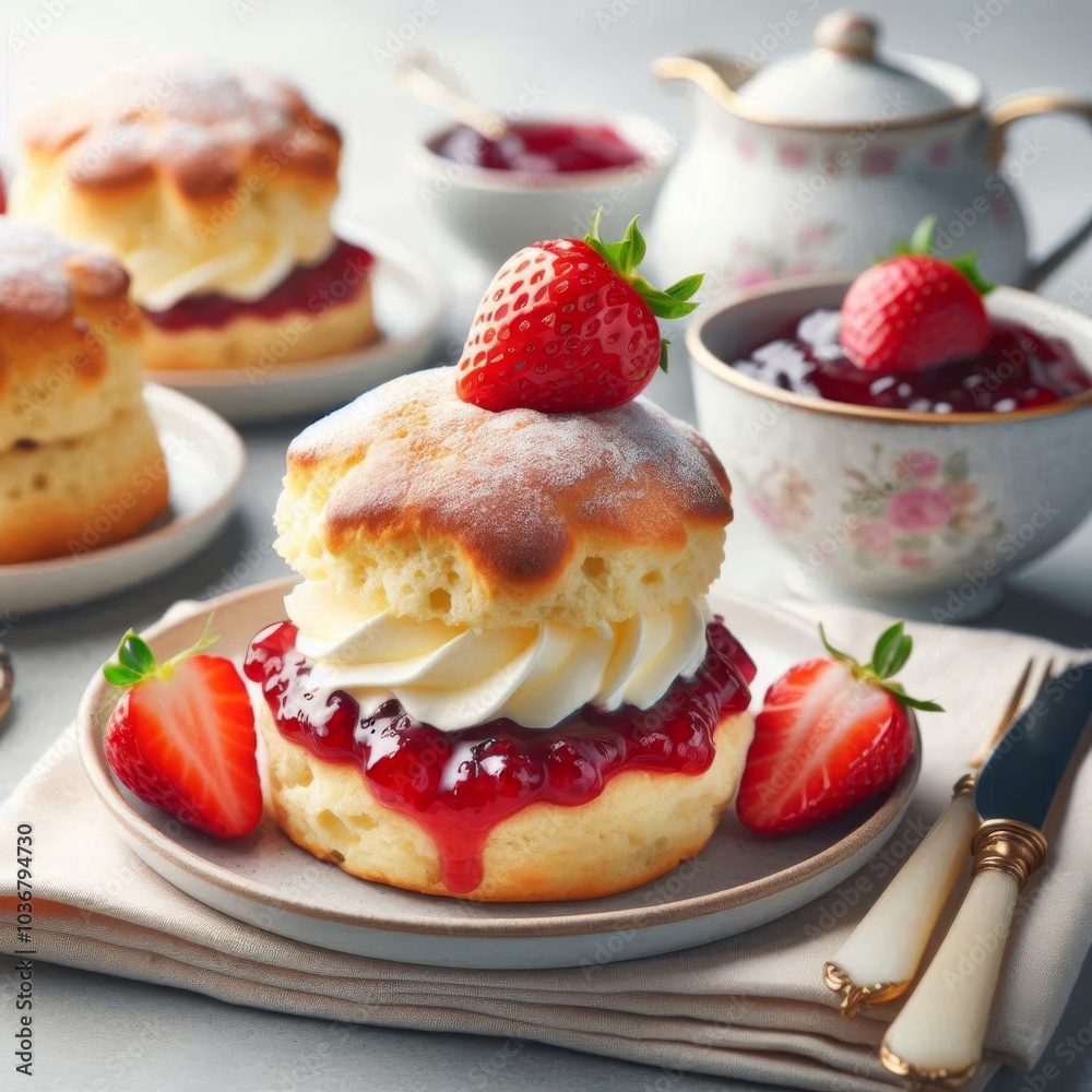 Fluffy scone filled with sweet strawberry jam and rich clotted cream served on a table Fluffy scone filled with sweet strawberry jam and rich clotted cream served on a table