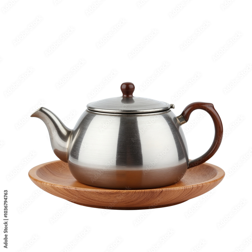 Elegant Stainless Steel Teapot with Wooden Handle on Tray. Elegant Stainless Steel Teapot with Wooden Handle on Tray.