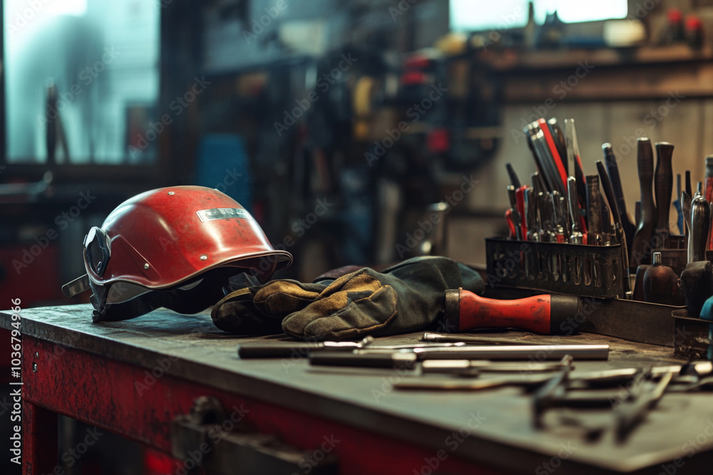 A collection of welding tools, gloves, and a helmet is arranged on a wooden workbench in a busy workshop, showcasing the essential gear for metalworking activities. A collection of welding tools, gloves, and a helmet is arranged on a wooden workbench in a busy workshop, showcasing the essential gear for metalworking activities.