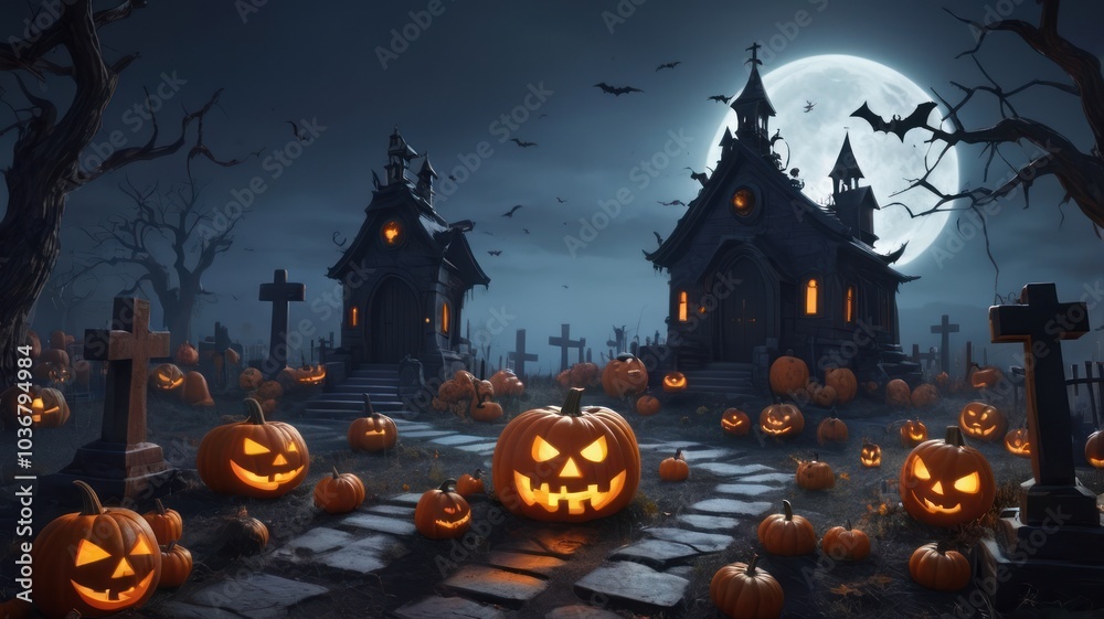 A spooky graveyard with two creepy churches, glowing pumpkins, and a full moon in the night sky. A spooky graveyard with two creepy churches, glowing pumpkins, and a full moon in the night sky.