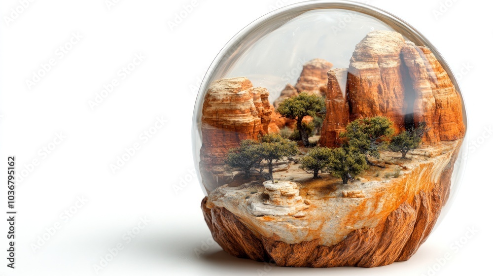 A miniature landscape of red rock formations and trees inside a glass dome. A miniature landscape of red rock formations and trees inside a glass dome.