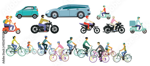 Motorräder, und Radfahrer mit Motorroller, Autos Illustration..eps