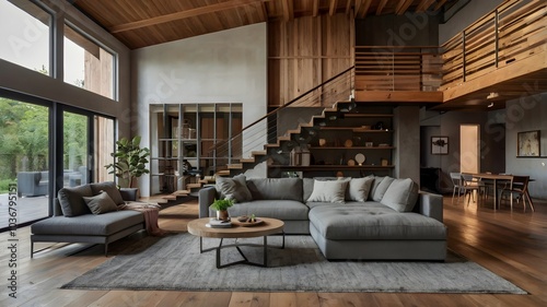 Cozy house interior with a wooden floor, large gray sofa, and stairs leading to the second floor.