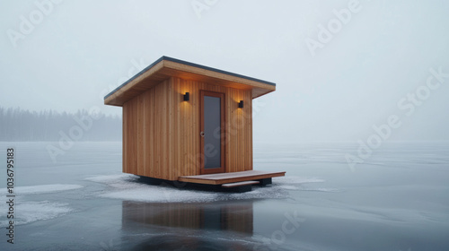 Traditional Finnish sauna on the edge of a frozen lake photo