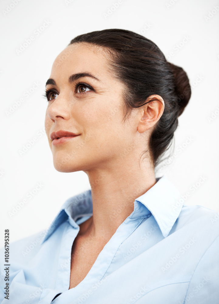Woman, professional and studio for thinking, mind and inspiration for business growth opportunity. Female person, reflection and employee brainstorming on solution, planning and white background