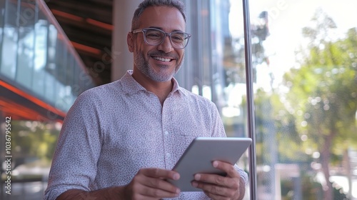 A smiling man holding a tablet, standing by a window in a modern setting.