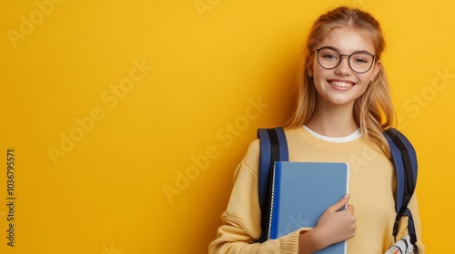 A smiling student holding a notebook, standing against a bright yellow background.