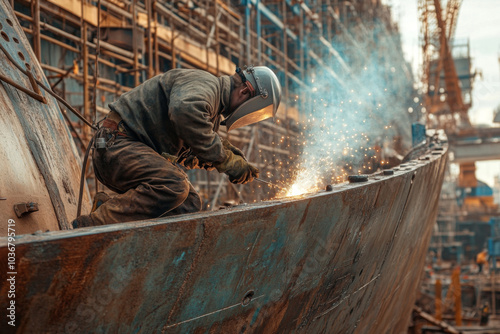A skilled welder is focused on welding the hull of a large ship, surrounded by the bustling activity of a shipyard, with sparks flying in the air.