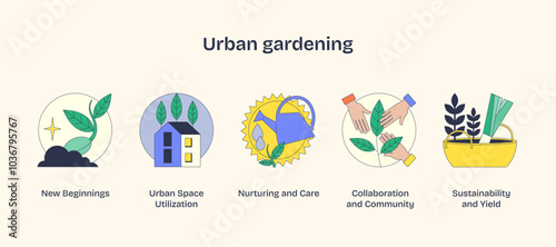 Urban gardening icons show growth, community, and sustainability with plants, hands, and homes. Neubrutalism style