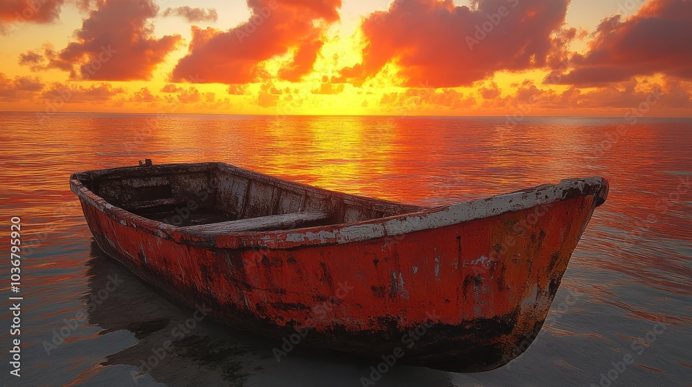 A weathered boat at sunset on calm waters. A weathered boat at sunset on calm waters.