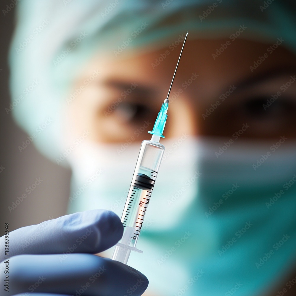 Close-up of a female doctor holding a syringe in her hands Close-up of a female doctor holding a syringe in her hands