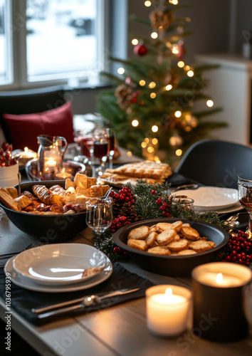 Traditional Swedish Christmas dinner with julbord and festive decorations