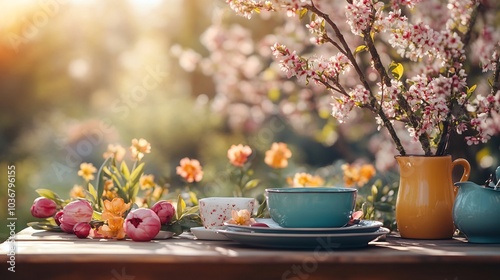 Inviting spring table scene with colorful dishes and decorations surrounded by blooming trees A softfocus sunny garden in the background creates a dreamy atmosphere perfect for gatherings