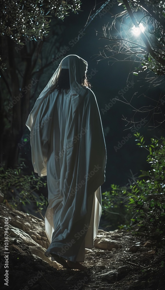 Jesus walking in a serene moonlit forest, draped in a white robe surrounded by tranquil nature Jesus walking in a serene moonlit forest, draped in a white robe surrounded by tranquil nature