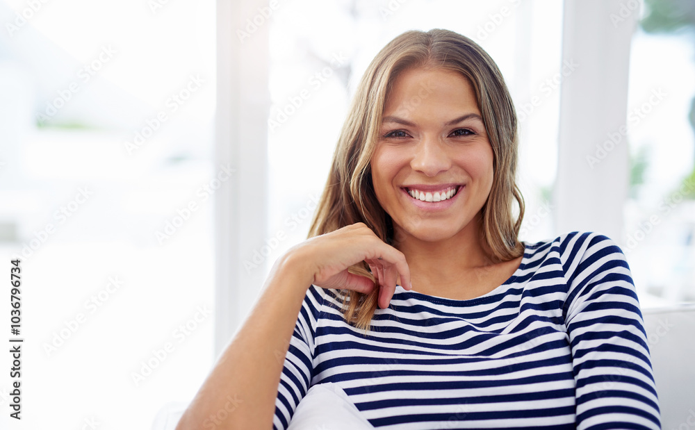 Portrait, home and woman with peace, relax and happiness with weekend break, calm and pride. Face, apartment and cheerful person with wellness girl and joyful with comfort or resting in living room