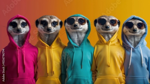 Meerkat dressed in clothing against an abstract art backdrop with space for text
