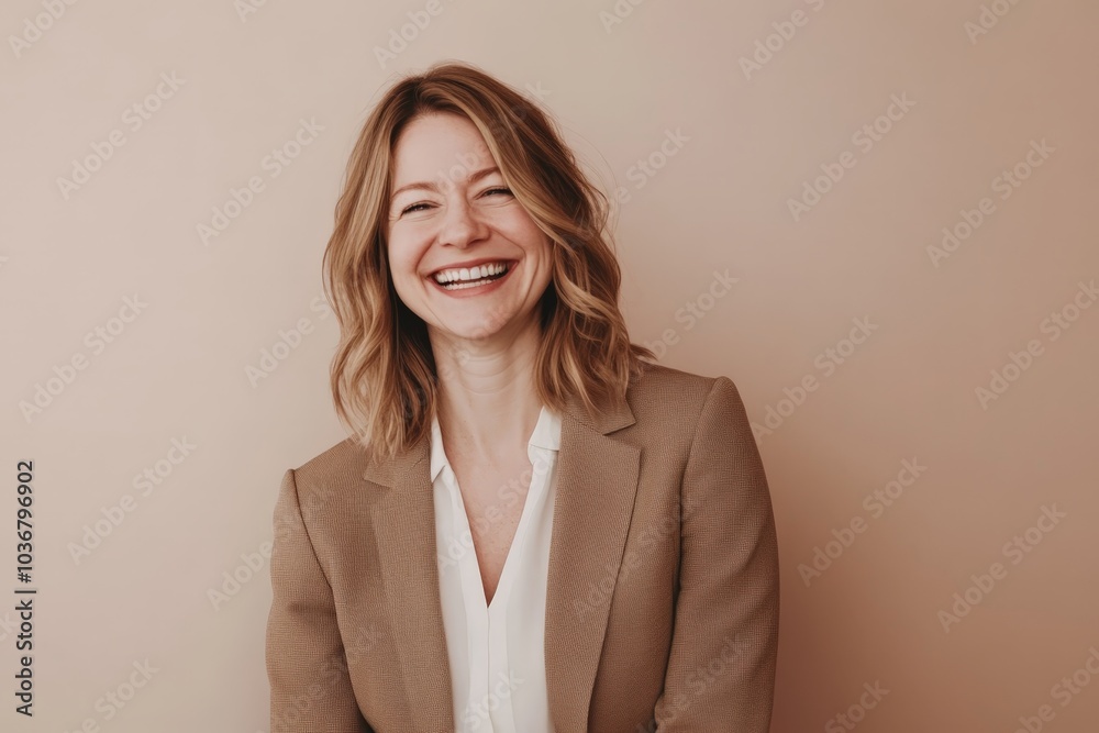 An image features a businesswoman with a big smile, exuding professionalism and confidence in her workplace. An image features a businesswoman with a big smile, exuding professionalism and confidence in her workplace.