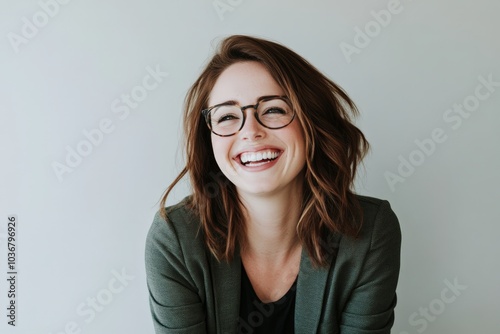 An image captures a businesswoman with a big smile, showcasing her professionalism and positive demeanor in a corporate setting.