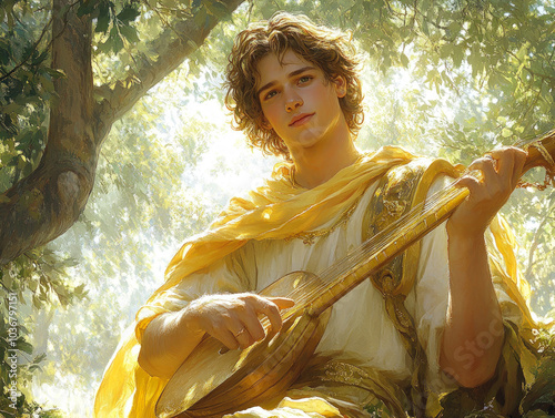 Young Man Playing Lute in Sunlit Forest 